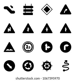 Solid vector icon set - escalator down vector, sign post, main road, turn right, abrupt, intersection, rough, limited height, only forward, detour, circle, hand wheel, trip