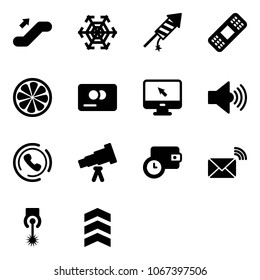 Solid vector icon set - escalator up vector, snowflake, firework rocket, medical patch, lemon slice, credit card, monitor cursor, volume max, phone horn, telescope, wallet time, wireless mail, laser