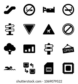 Solid vector icon set - escalator up vector, no smoking sign, hotel, road signpost, giving way, airport, parking, upload cloud, statistics, open, swimming, data exchange, sim, cpu