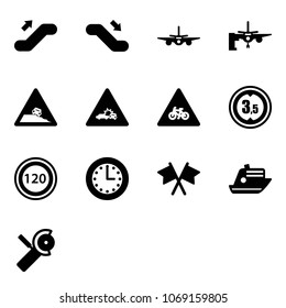 Solid vector icon set - escalator up vector, down, plane, boarding passengers, steep roadside road sign, car crash, for moto, limited height, speed limit 120, time, flags cross, cruiser