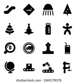 Solid vector icon set - escalator up vector, smoking area sign, shower, christmas tree, vial, gymnastics, money search, no truck road, winner, drink, globe, conveyor, clamp