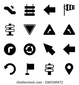 Solid vector icon set - escalator down vector, sign post, left arrow, side wind, road signpost, giving way, turn right, only, circle, cursor, undo, flag, navigation pin