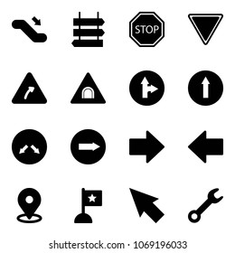 Solid vector icon set - escalator down vector, sign post, stop road, giving way, turn right, tunnel, only forward, detour, arrow, left, map pin, flag, cursor, wrench