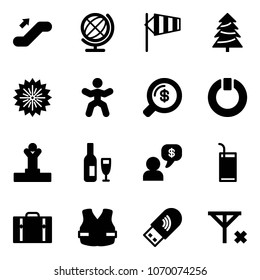 Solid vector icon set - escalator up vector, globe, side wind, christmas tree, firework, gymnastics, money search, standby, winner, wine, dialog, drink, suitcase, life vest, usb wi fi, no signal