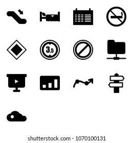 Solid vector icon set - escalator down vector, hotel, schedule, no smoking sign, main road, limited height, parking, network folder, presentation board, statistics, chart point arrow, signpost