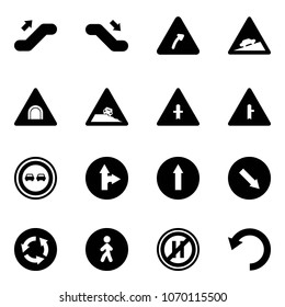 Solid vector icon set - escalator up vector, down, turn right road sign, climb, tunnel, steep roadside, intersection, no overtake, only forward, detour, circle, pedestrian way, parking even, undo