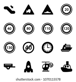 Solid vector icon set - escalator down vector, tractor way road sign, artificial unevenness, speed limit 20, 40, 80, 110, 120, 130, end, time, cruiser, trailer, rocket, helicopter toy, boat