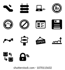 Solid vector icon set - escalator down vector, sign post, notebook connect, limited height road, distance, no parking, website, save, chart point arrow, signpost, open, growth, data exchange