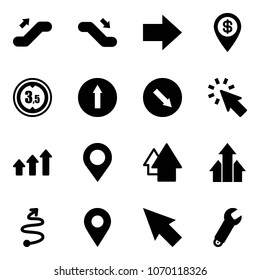 Solid vector icon set - escalator up vector, down, right arrow, dollar pin, limited height road sign, only forward, detour, cursor, arrows, map, trip, navigation, wrench