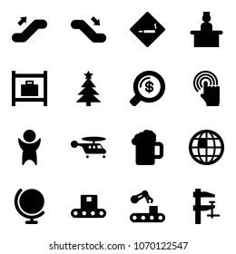 Solid vector icon set - escalator up vector, down, smoking area sign, recieptionist, baggage room, christmas tree, money search, hand cursor, success, helicopter, beer, globe, conveyor, clamp