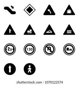 Solid vector icon set - escalator down vector, main road sign, turn left, tunnel, intersection, railway, car crash, limited width, speed limit 130, no back, truck overtake, only forward