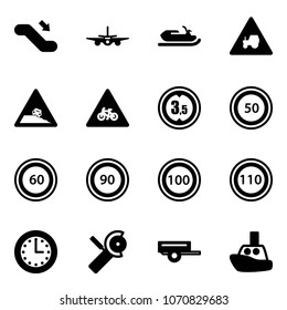 Solid vector icon set - escalator down vector, plane, snowmobile, tractor way road sign, steep roadside, for moto, limited height, speed limit 50, 60, 90, 100, 110, time, Angular grinder, trailer