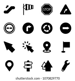 Solid vector icon set - escalator up vector, side wind, stop road sign, turn right, no overtake, only, circle, cursor, map pin, flag, signpost, arrow, wrench