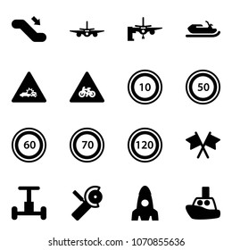 Solid vector icon set - escalator down vector, plane, boarding passengers, snowmobile, car crash road sign, for moto, speed limit 10, 50, 60, 70, 120, flags cross, gyroscope, Angular grinder, rocket