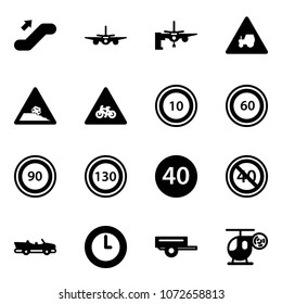 Solid vector icon set - escalator up vector, plane, boarding passengers, tractor way road sign, steep roadside, for moto, speed limit 10, 60, 90, 130, minimal, end, cabrio, clock, trailer