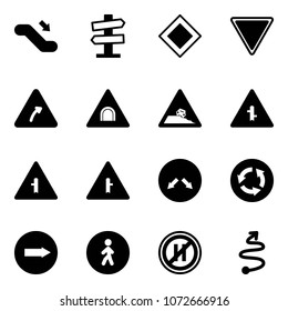 Solid vector icon set - escalator down vector, road signpost sign, main, giving way, turn right, tunnel, steep roadside, intersection, detour, circle, only, pedestrian, no parking even, trip