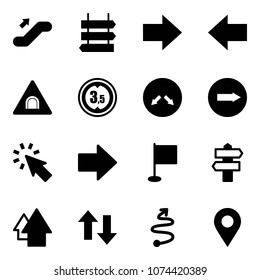 Solid vector icon set - escalator up vector, sign post, right arrow, left, tunnel road, limited height, detour, only, cursor, flag, signpost, down arrows, trip, navigation pin