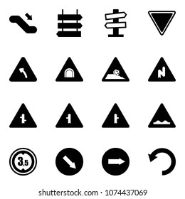 Solid vector icon set - escalator down vector, sign post, road signpost, giving way, turn left, tunnel, steep roadside, abrupt right, intersection, rough, limited height, detour, only, undo