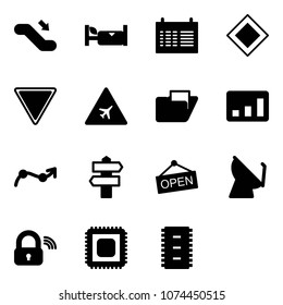 Solid vector icon set - escalator down vector, hotel, schedule, main road sign, giving way, airport, folder, statistics, chart point arrow, signpost, open, satellite antenna, wireless lock, cpu