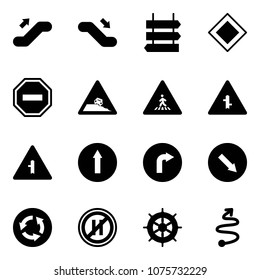 Solid vector icon set - escalator up vector, down, sign post, main road, no way, steep roadside, pedestrian, intersection, only forward, right, detour, circle, parking even, hand wheel, trip
