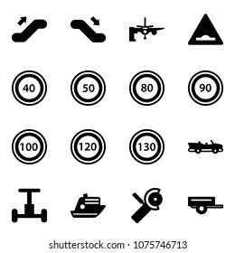 Solid vector icon set - escalator up vector, down, boarding passengers, artificial unevenness road sign, speed limit 40, 50, 80, 90, 100, 120, 130, cabrio, gyroscope, cruiser, Angular grinder