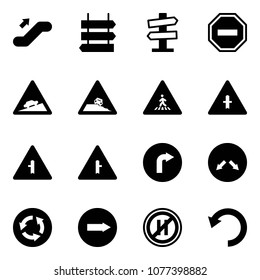 Solid vector icon set - escalator up vector, sign post, road signpost, no way, climb, steep roadside, pedestrian, intersection, only right, detour, circle, parking even, undo