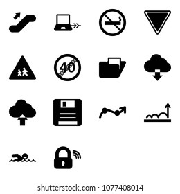 Solid vector icon set - escalator up vector, notebook connect, no smoking sign, giving way road, children, end speed limit, folder, download cloud, upload, save, chart point arrow, growth, swimming