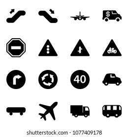 Solid vector icon set - escalator up vector, down, plane, encashment car, no way road sign, traffic light, intersection, for moto, only right, circle, minimal speed limit, skateboard, truck toy, bus