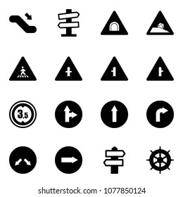 Solid vector icon set - escalator down vector, road signpost sign, tunnel, steep roadside, pedestrian, intersection, limited height, only forward right, detour, hand wheel