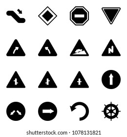 Solid vector icon set - escalator down vector, main road sign, no way, giving, turn right, left, climb, abrupt, intersection, only forward, detour, undo, hand wheel