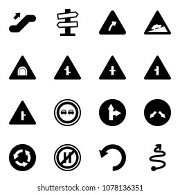 Solid vector icon set - escalator up vector, road signpost sign, turn right, climb, tunnel, intersection, no overtake, only forward, detour, circle, parking even, undo, trip