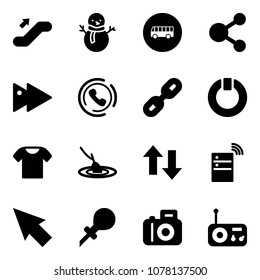Solid vector icon set - escalator up vector, snowman, bus road sign, share, fast forward, phone horn, link, standby, t shirt, fishing, down arrows, server wireless, cursor, oiler, camera, radio