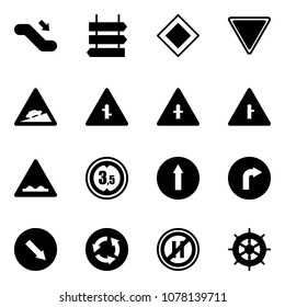 Solid vector icon set - escalator down vector, sign post, main road, giving way, climb, intersection, rough, limited height, only forward, right, detour, circle, no parking even, hand wheel