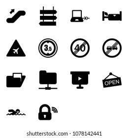 Solid vector icon set - escalator up vector, sign post, notebook connect, hotel, airport road, limited height, end speed limit, overtake, folder, network, presentation board, open, swimming