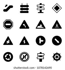 Solid vector icon set - escalator up vector, sign post, road signpost, main, no way, turn left, steep roadside, pedestrian, abrupt right, intersection, only forward, detour, circle, parking even