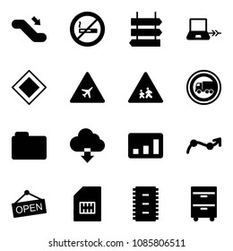 Solid vector icon set - escalator down vector, no smoking sign, post, notebook connect, main road, airport, children, truck, folder, download cloud, statistics, chart point arrow, open, sim, chip