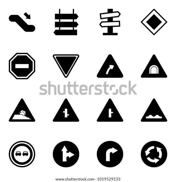 Solid\
vector icon set - escalator down vector, sign post, road signpost,\
main, no way, giving, turn right, tunnel, steep roadside,\
intersection, rough, overtake, only forward,\
circle