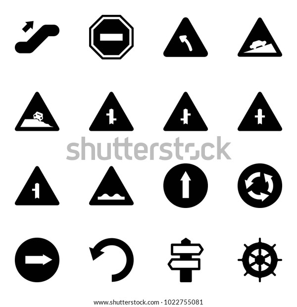 Solid vector icon set -\
escalator up vector, no way road sign, turn left, climb, steep\
roadside, intersection, rough, only forward, circle, right, undo,\
signpost, hand wheel