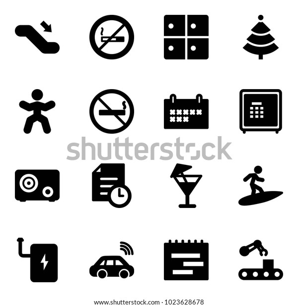 Solid vector icon set - escalator down vector,\
no smoking sign, baggage room, christmas tree, gymnastics,\
schedule, safe, history, drink, surfing, power bank, car wireless,\
terms plan, conveyor
