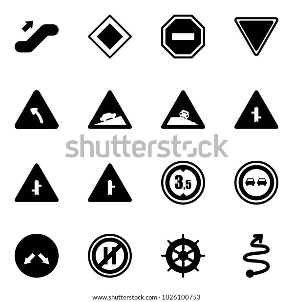 Solid vector icon set - escalator up vector, main\
road sign, no way, giving, turn left, climb, steep roadside,\
intersection, limited height, overtake, detour, parking even, hand\
wheel, trip