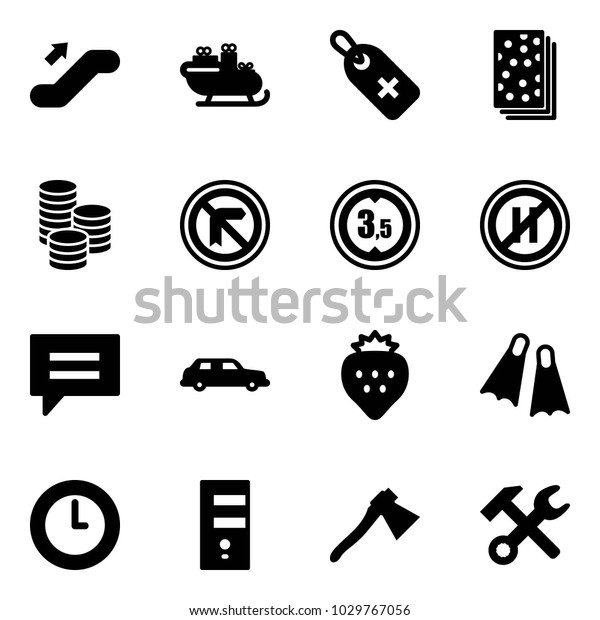 Solid\
vector icon set - escalator up vector, santa sleigh, medical label,\
breads, coin, limited height road sign, no parking even, chat,\
limousine, strawberry, flippers, clock, server,\
axe