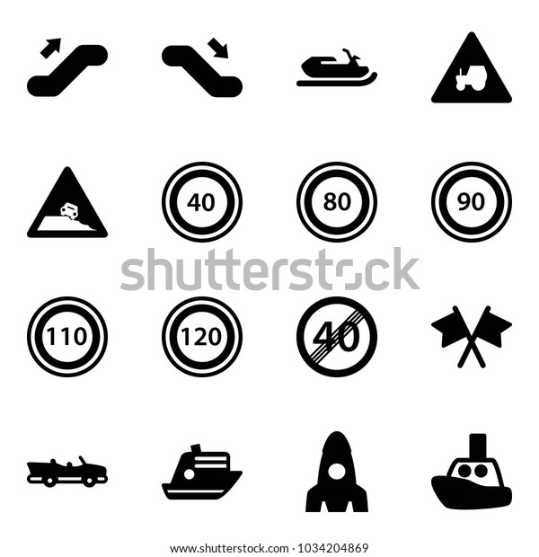 Solid\
vector icon set - escalator up vector, down, snowmobile, tractor\
way road sign, steep roadside, speed limit 40, 80, 90, 110, 120,\
end, flags cross, cabrio, cruiser, rocket, toy\
boat