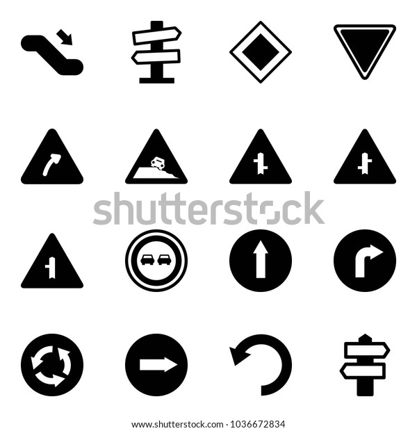 Solid vector icon set -\
escalator down vector, road signpost sign, main, giving way, turn\
right, steep roadside, intersection, no overtake, only forward,\
circle, undo