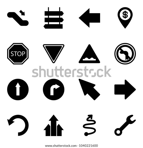 Solid vector\
icon set - escalator down vector, sign post, left arrow, dollar\
pin, stop road, giving way, rough, no turn, only forward, right,\
cursor, undo, arrows up, trip,\
wrench