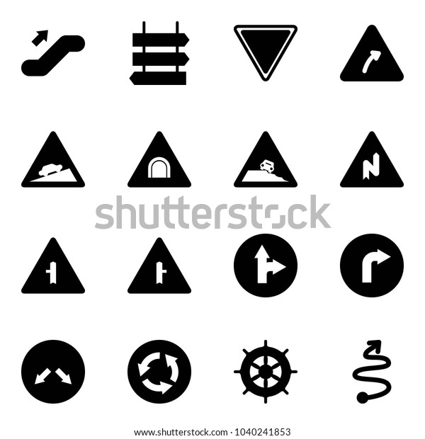 Solid\
vector icon set - escalator up vector, sign post, giving way road,\
turn right, climb, tunnel, steep roadside, abrupt, intersection,\
only forward, detour, circle, hand wheel,\
trip