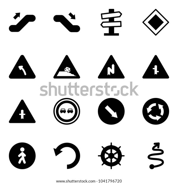 Solid vector icon set - escalator up vector, down,\
road signpost sign, main, turn left, steep roadside, abrupt right,\
intersection, no overtake, detour, circle, pedestrian way, undo,\
hand wheel