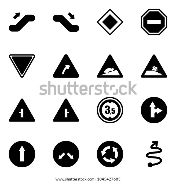 Solid\
vector icon set - escalator up vector, down, main road sign, no\
way, giving, turn right, climb, steep roadside, intersection,\
limited height, only forward, detour, circle,\
trip