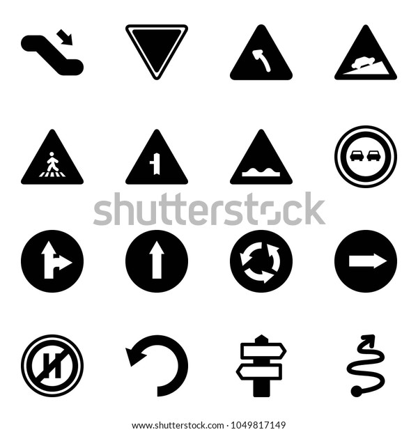 Solid vector icon set - escalator down vector,\
giving way road sign, turn left, climb, pedestrian, intersection,\
rough, no overtake, only forward right, circle, parking even, undo,\
signpost, trip