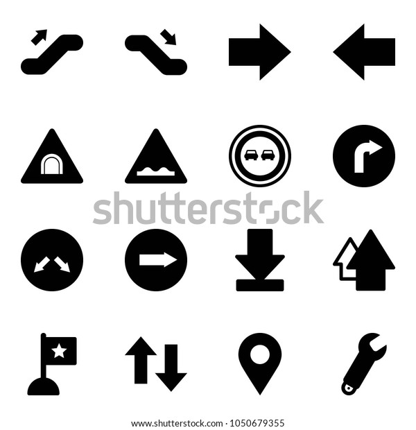 Solid vector icon set -\
escalator up vector, down, right arrow, left, tunnel road sign,\
rough, no overtake, only, detour, download, flag, arrows,\
navigation pin, wrench