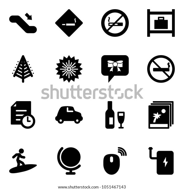 Solid vector icon set - escalator down vector,\
smoking area sign, no, baggage room, christmas tree, firework, bow\
message, history, car, wine, photo, surfing, globe, mouse wireless,\
power bank